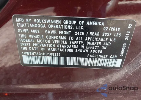 2013 Volkswagen Passat 2.0L Tdi Se z USA, uszkodzony, nr VIN 1VWBN7A31DC108222